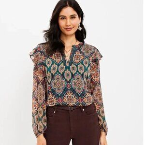LOFT Green Medallion Print Blouse With Ruffle Shoulder L